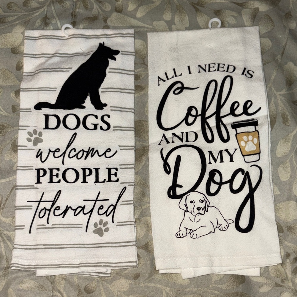 Dog-and-Coffee-Themed Kitchen Towel Set - White with Black & Tan Accents